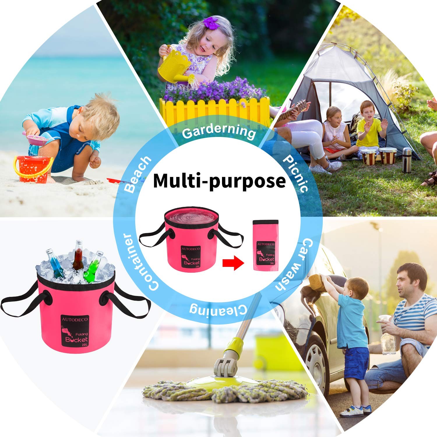 AUTODECO Collapsible Bucket 5 Gallon Container Folding Water 20L-1Pcs, Pink