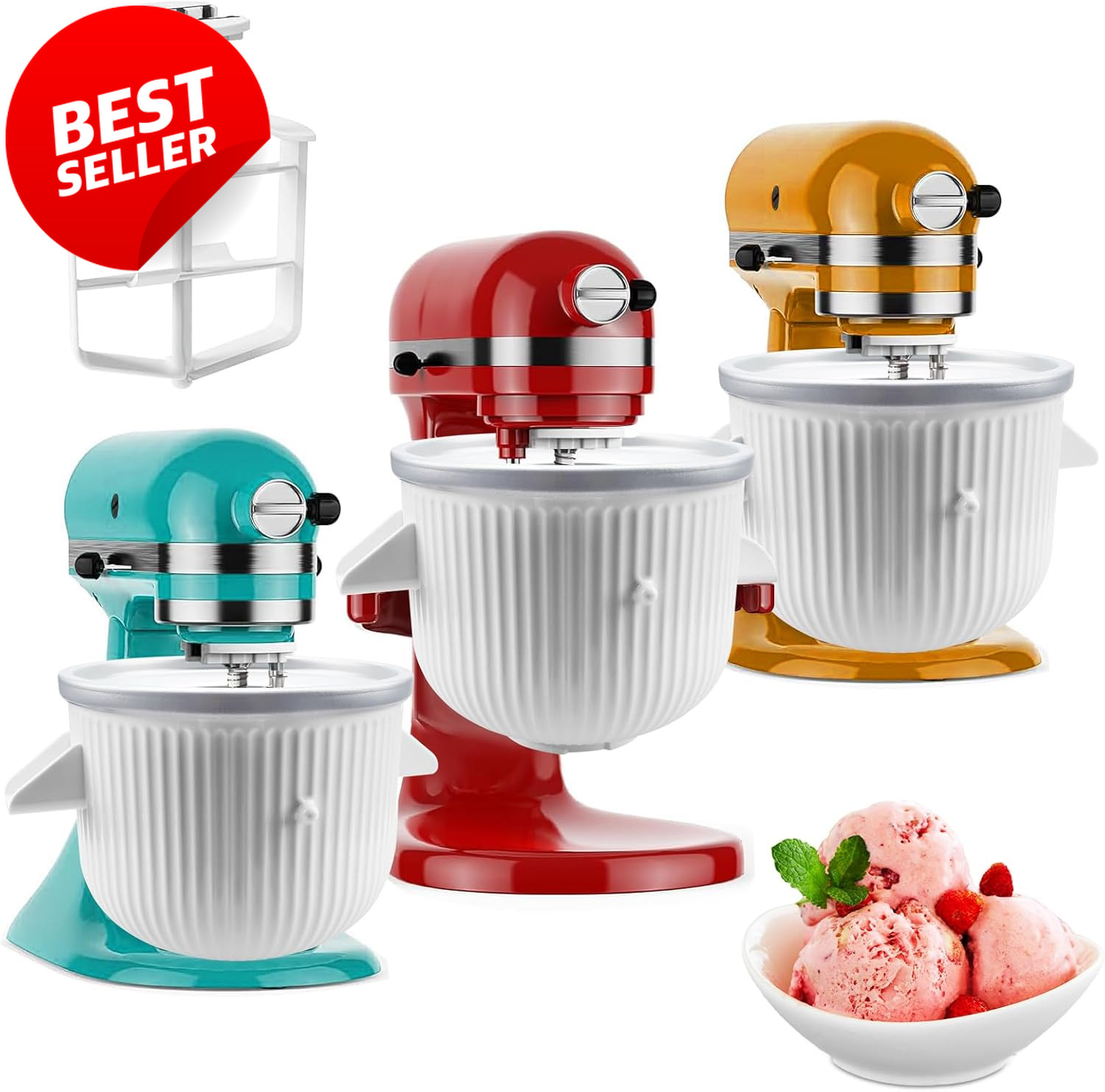 Ice Cream Maker Attachment 2Qt White for Kitchenaid 4.5Qt+Mixer Sorbet Gelato US