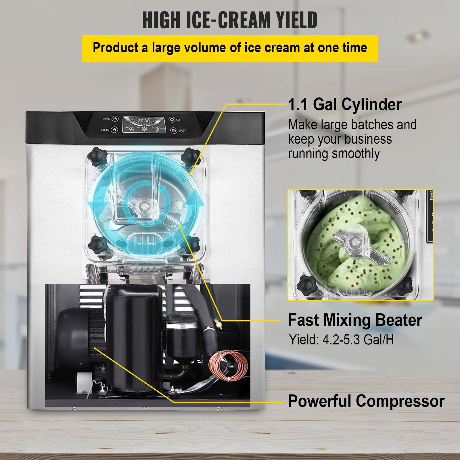 Efficient Ice Cream Machine 1400W 4.2-5.3Gal/H with Timer