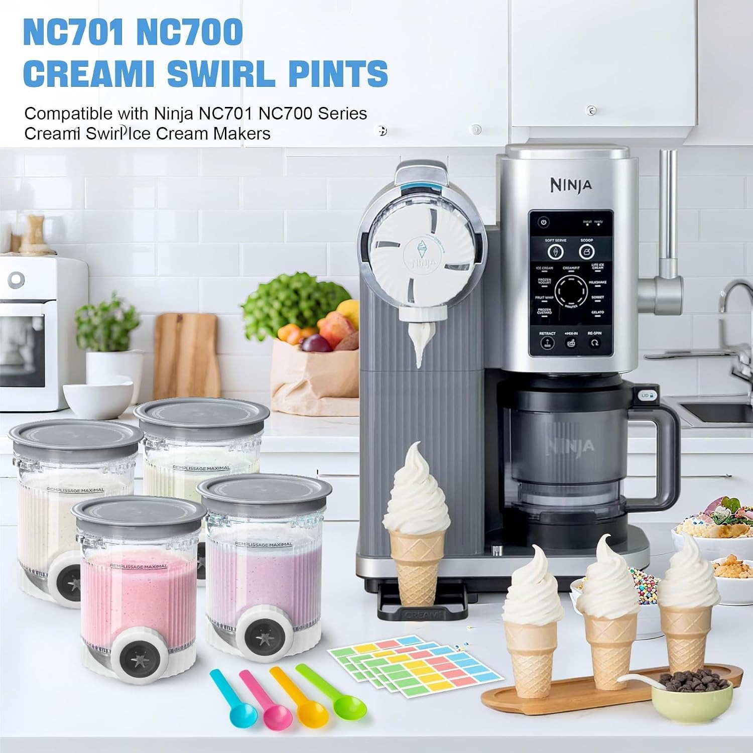 4 Pack Creami Swirl Pints & Lids for Ninja, Compatible with NC700 Series Ninja S