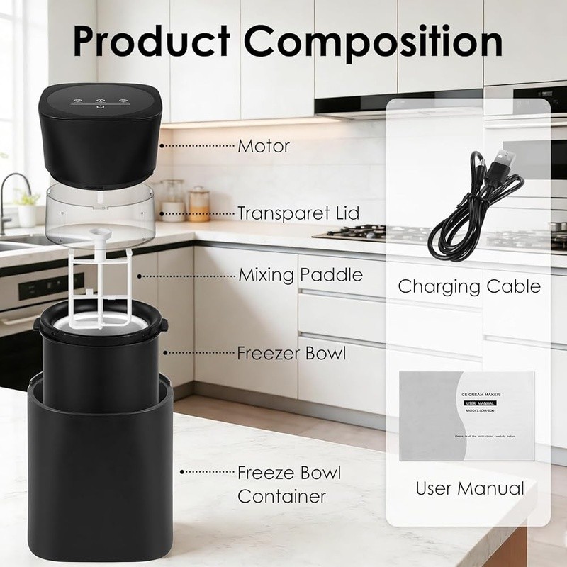 Portable USB-C Ice Cream Maker Soft Serve Frozen Treats Easy Clean Timer 2600mAh