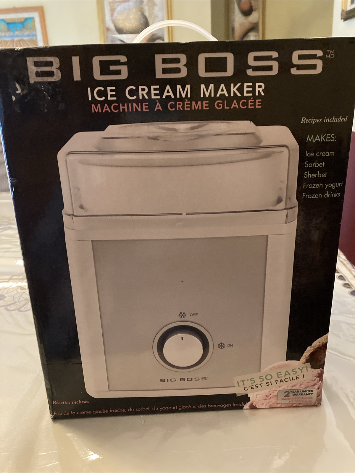 Big Boss 8882 2-Quart Ice Cream Maker, 2 Liter, White, OPEN BOX On/Off Knob