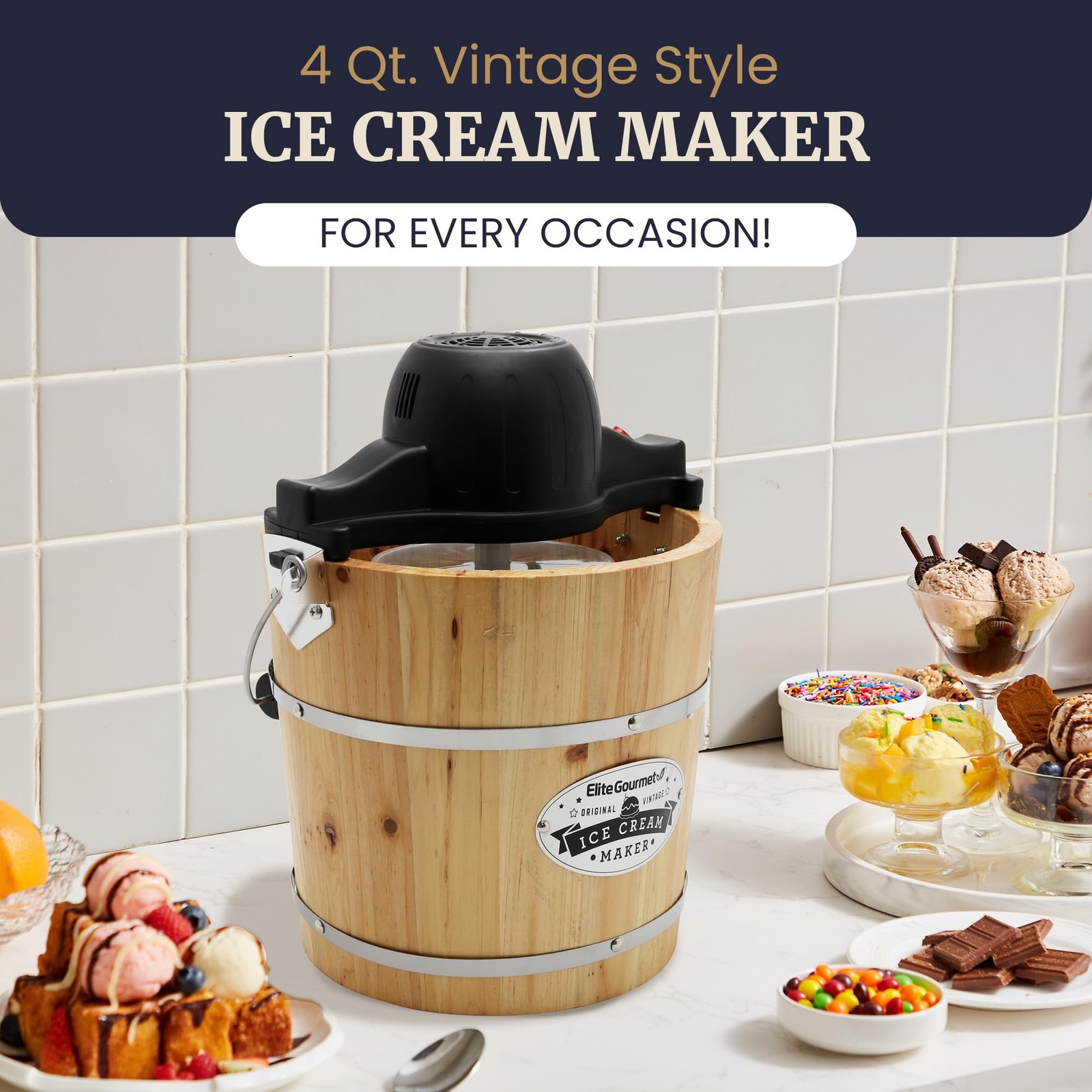 Elite Gourmet EIM402 Old Fashioned 4 Quart Vintage Wood Bucket Electric Ice