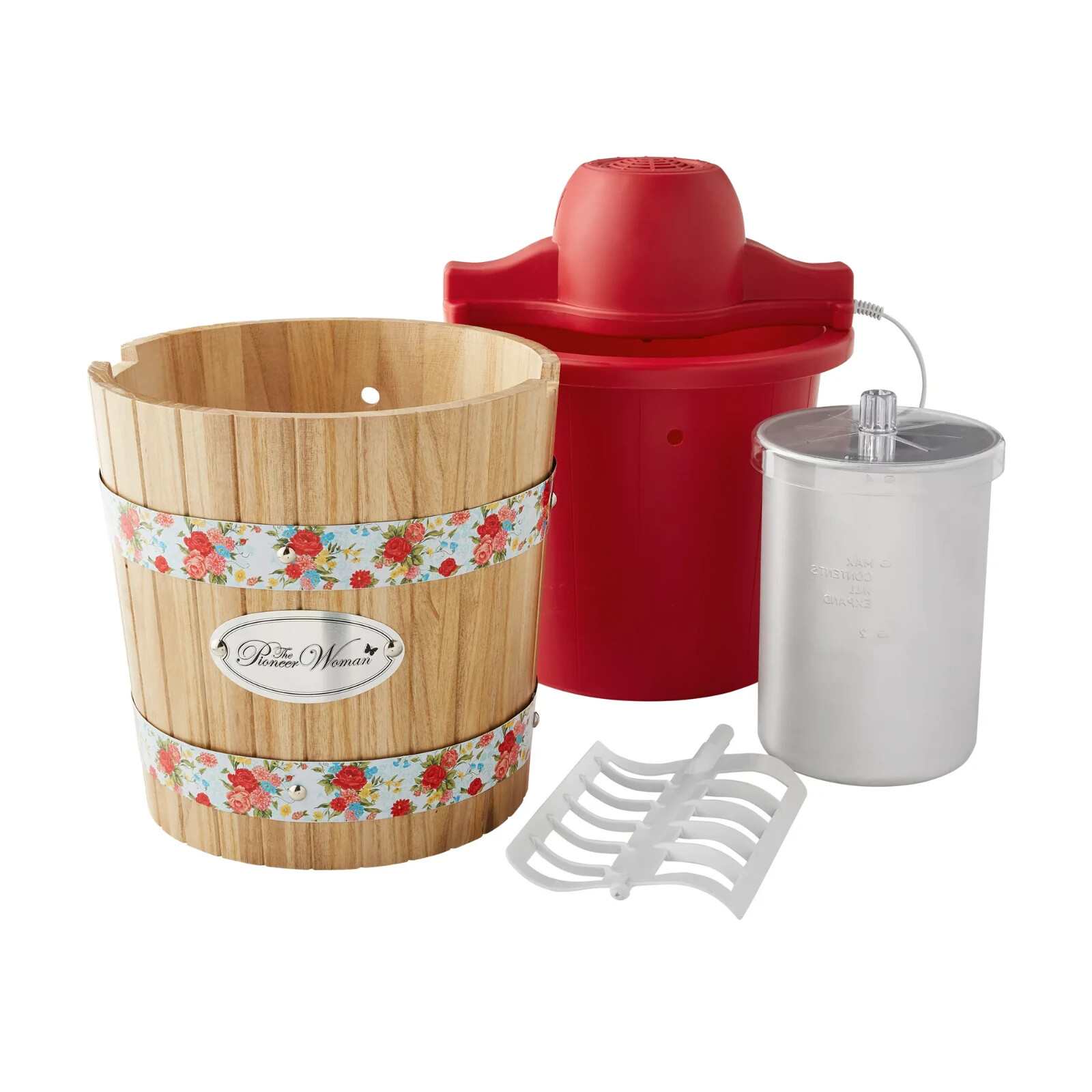 Pioneer Woman Ice Cream Maker Sweet Rose Floral Wood Barril Red Bucket 4 quart