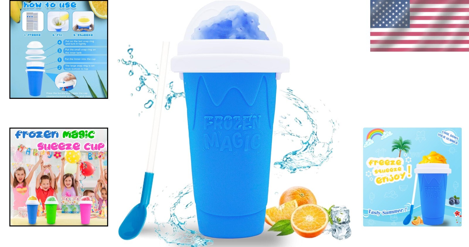DIY Magic Slushy Maker – Quick Freeze Silicone Cup & Straw Spoon Combo, Blue