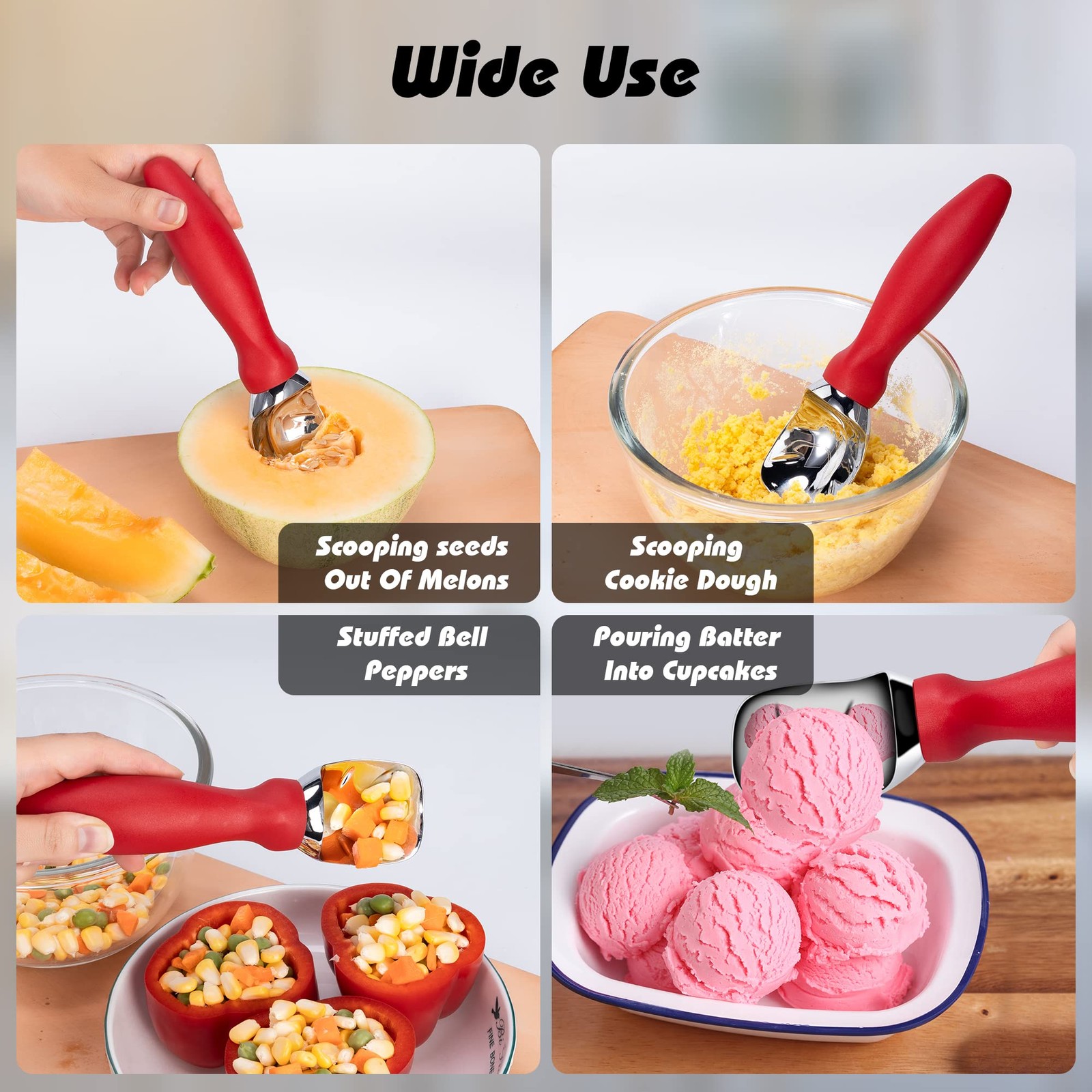 Rainspire Ice Cream Scoop Stainless Steel with 7.9×2.2×1.6 inch, Red