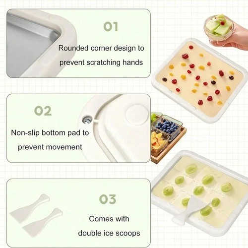 Rolled Ice Cream Maker Kit DIY Frozen Yogurt Roll Tray Pan w/ Scrapers No Electr