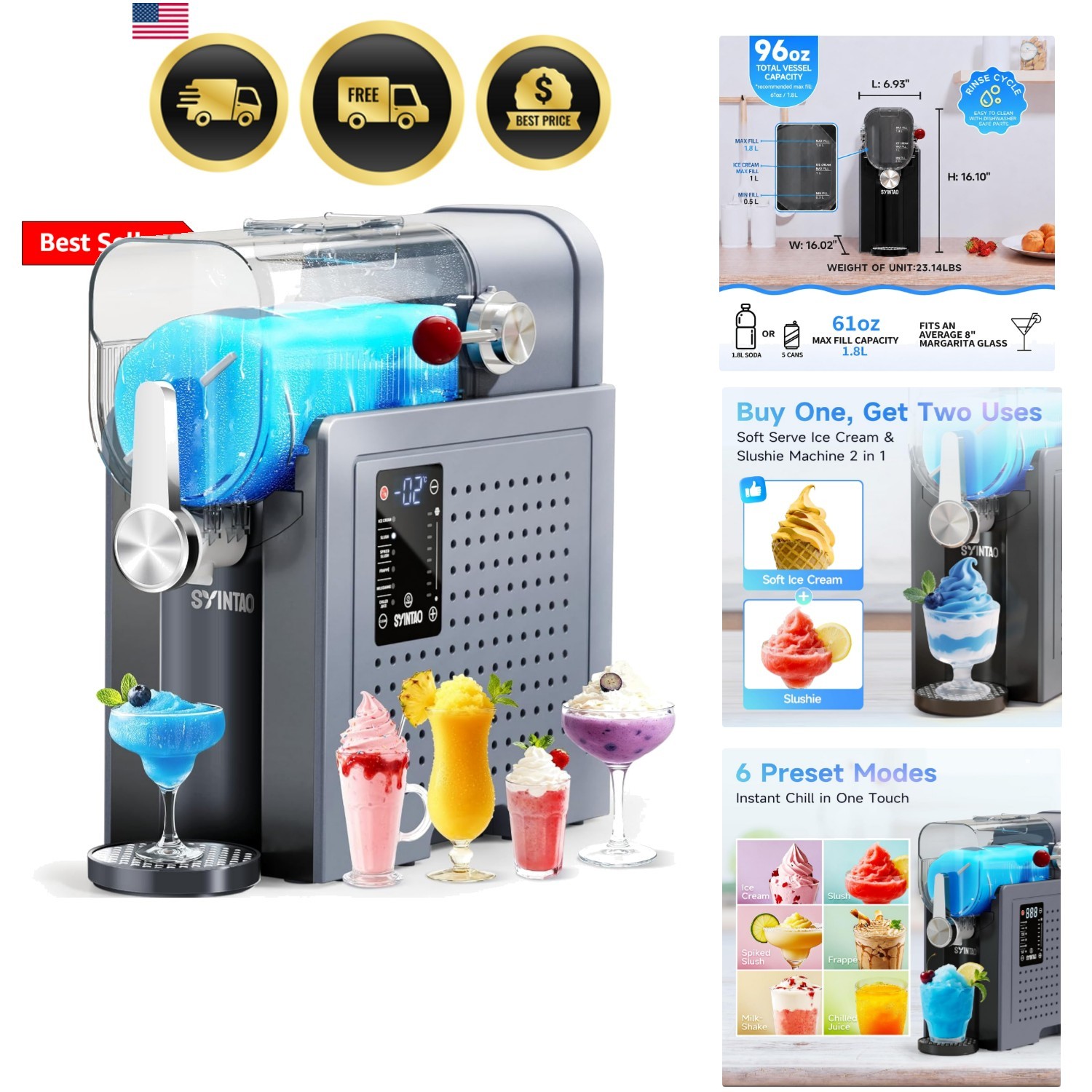 2-in-1 Slushie & Soft Serve Ice Cream Maker, No-Ice-Needed Frozen Drink Machi…