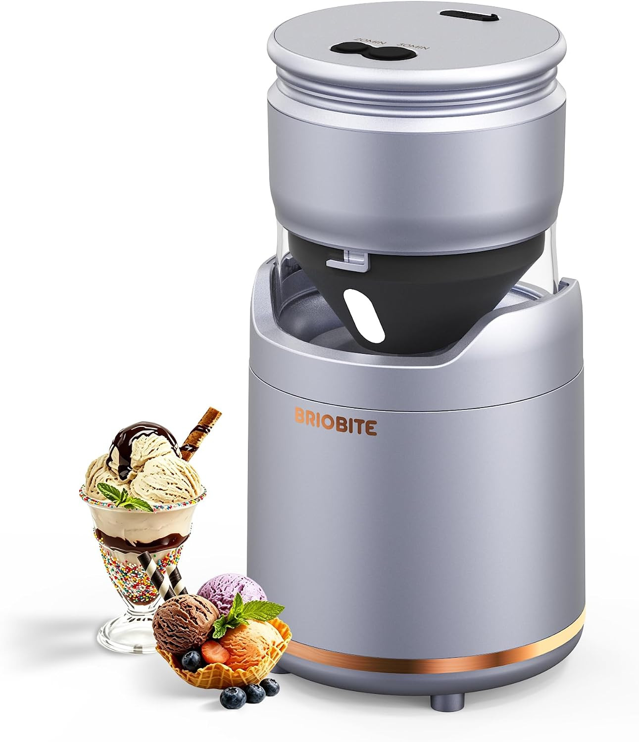 BRIOBITE Ice Cream Maker Machine,Quiet,Rechargeable,1–2 Servings,Silver | Quiet