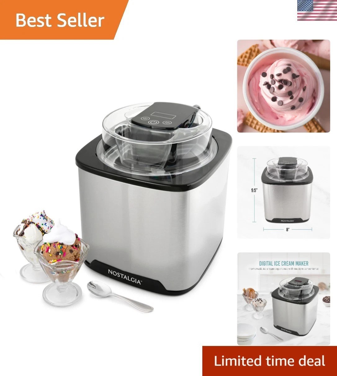Create Homemade Ice Cream in 40 Mins – 2QT Stainless Steel Maker with Mix-Ins