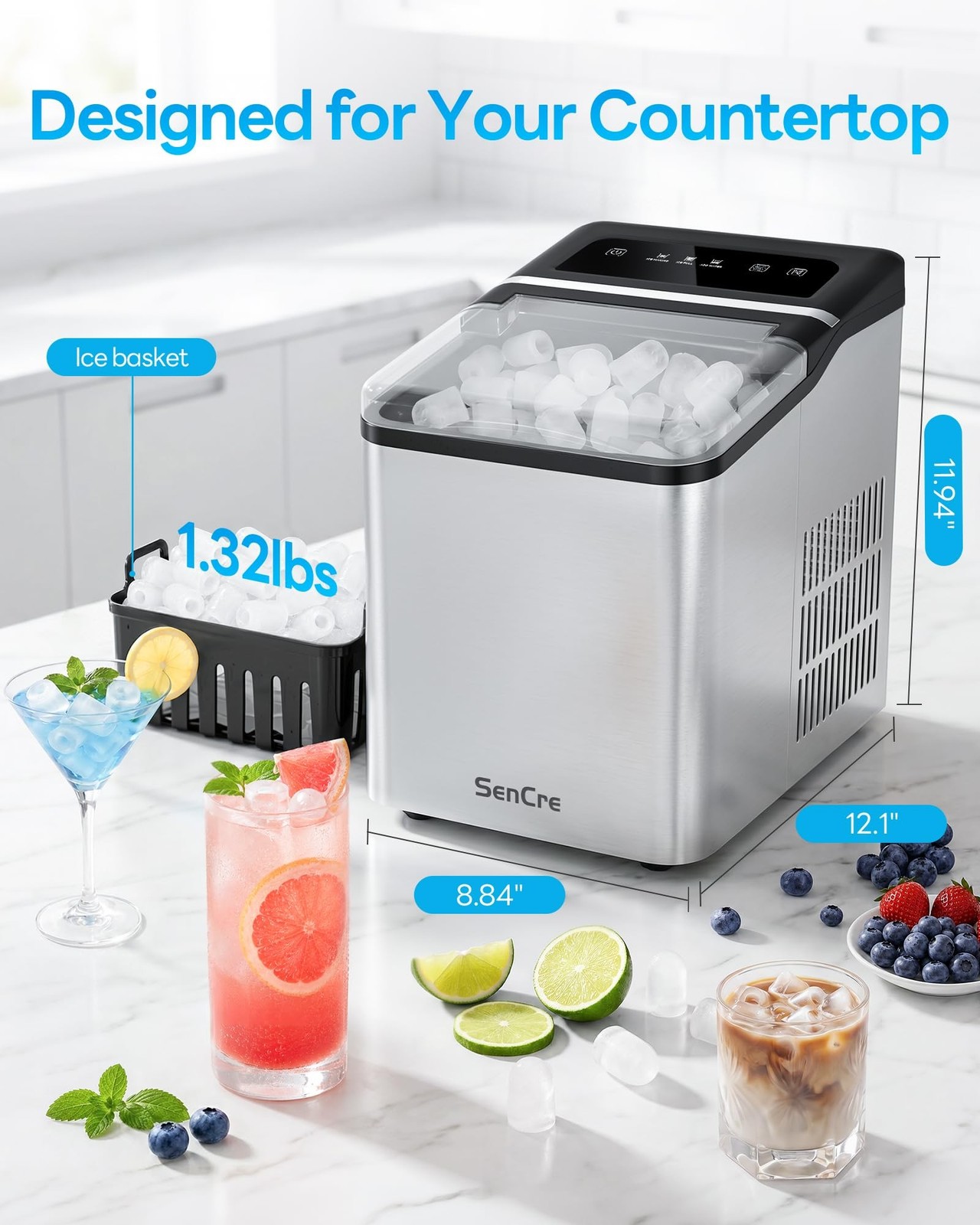 Sencre Ice Maker Countertop 26.5Lbs/24H 2 Sizes Bullet Ice Self-Cleaning
