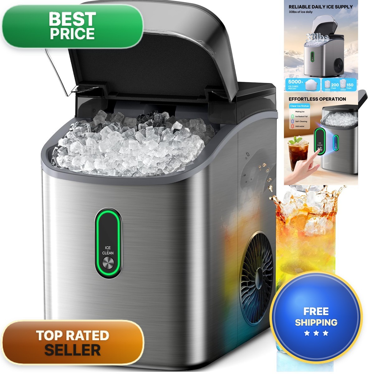 Silonn Nugget Ice Maker Countertop Pebble Ice Maker Soft Chewable Ice One-Click