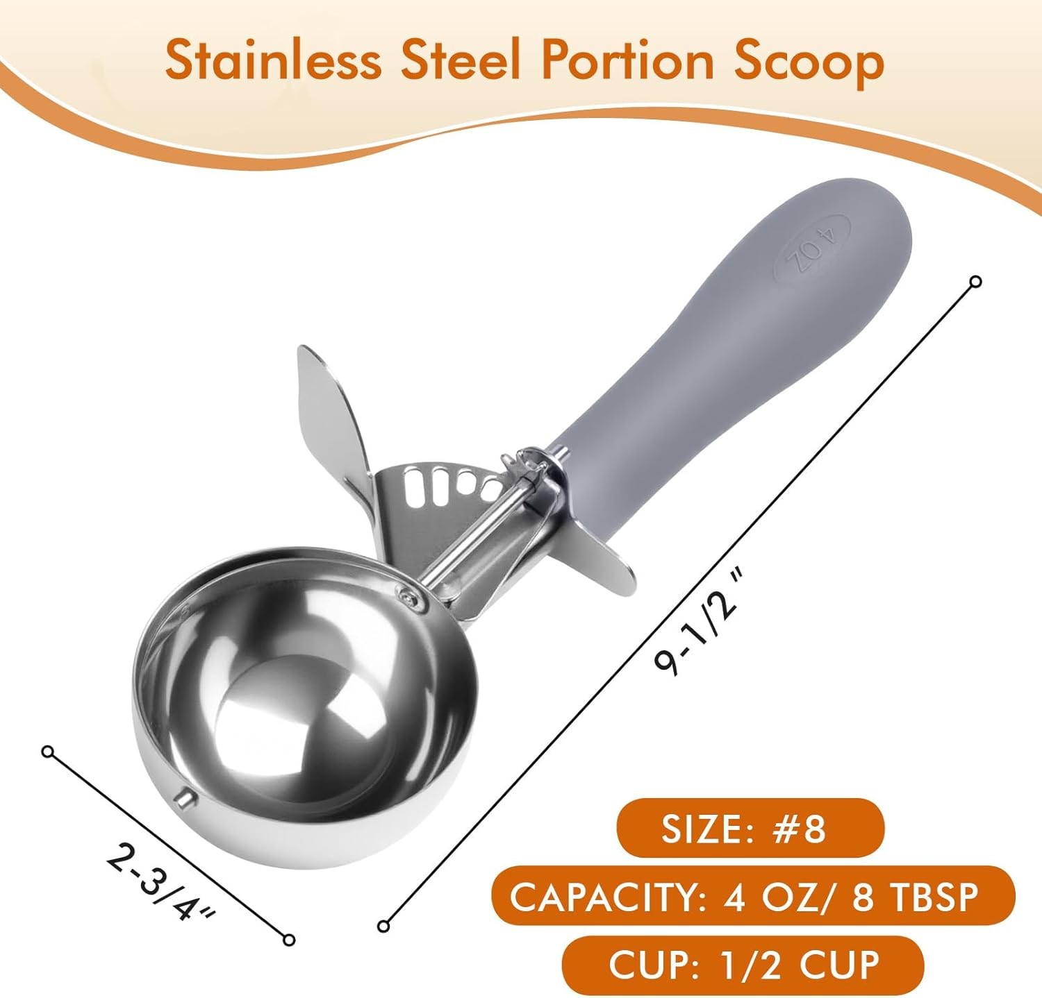 4 OZ Scoop, #8 Disher, Large Ice Cream Scoop with Trigger, (4 oz), Gray