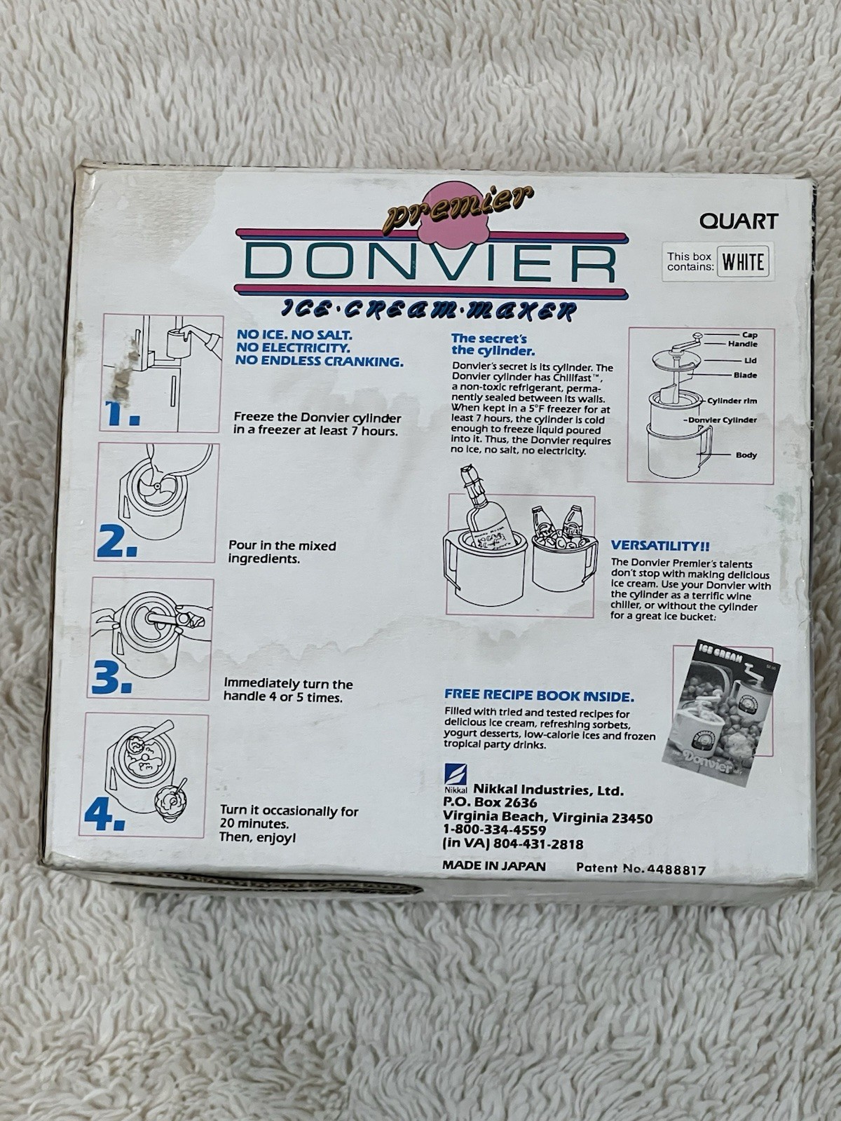 VTG Donvier Premier Ice Cream Maker 1 Quart White Manual Hand Crank Japan NOS