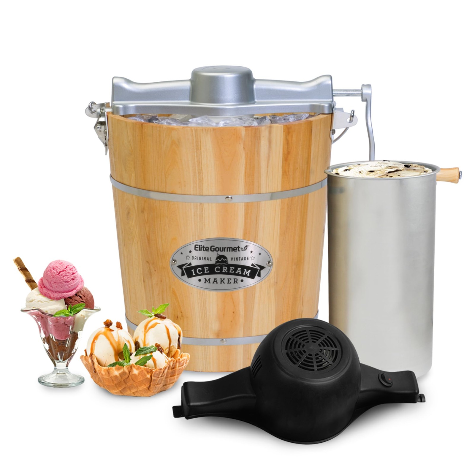 Elite Gourmet EIM402 Old Fashioned 4 Quart Vintage Wood Bucket Electric Ice