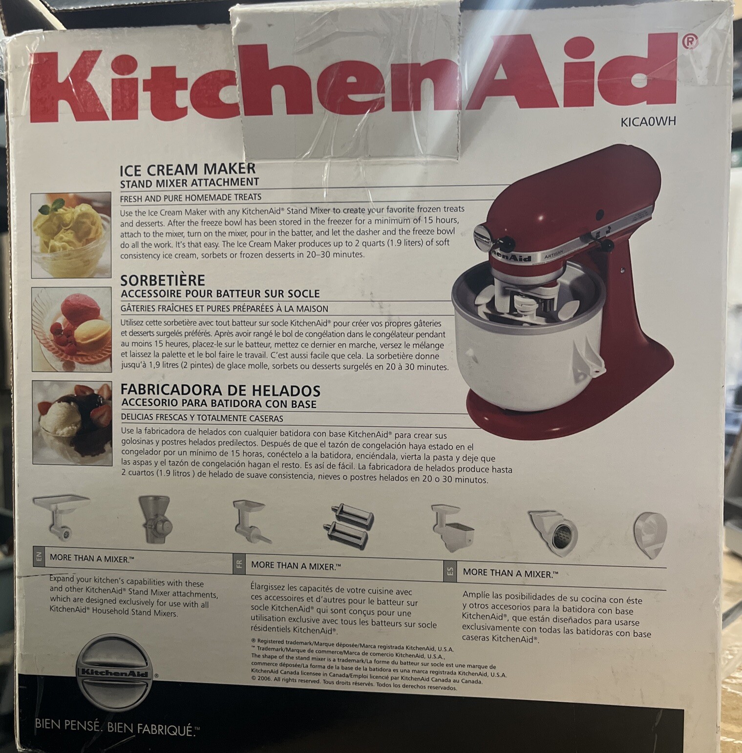 KitchenAid Ice Cream Maker Stand Mixer Attachment Accessory KICA0WH