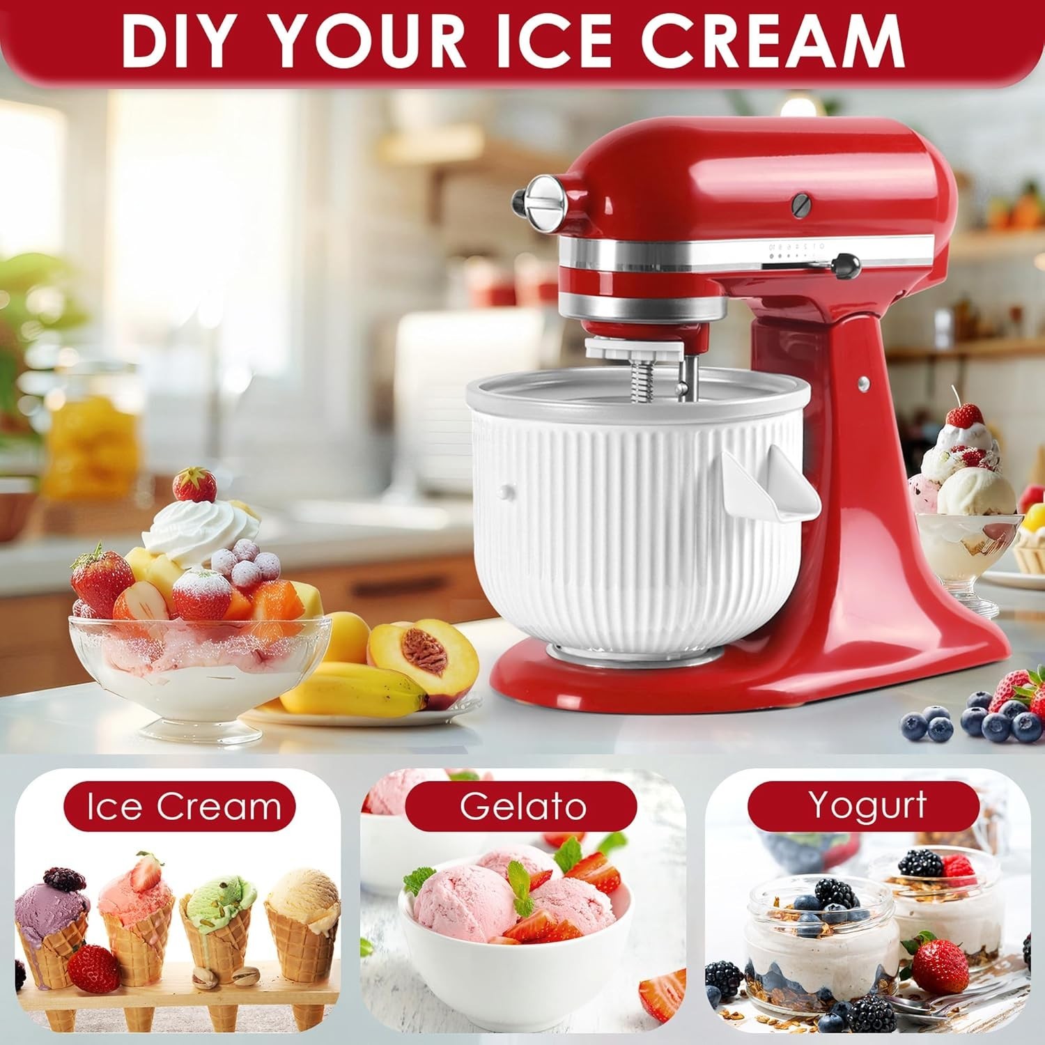 Ice Cream Maker Attachment for Kitchenaid Mixers Fits 4.5 5QT 6QT Stand MixerUSA