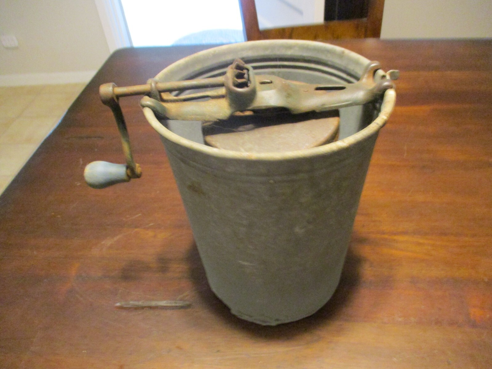 galvanized butter churn or icecream maker antique with wooden handle 9.5 x 8”