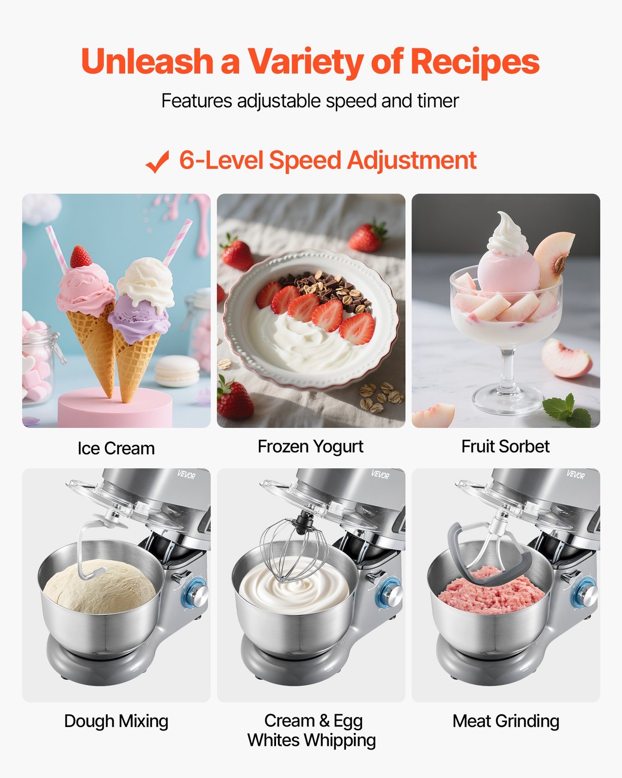 1.8Qt Ice Cream Maker 6-Speed Stand Mixer LED Timer Grey