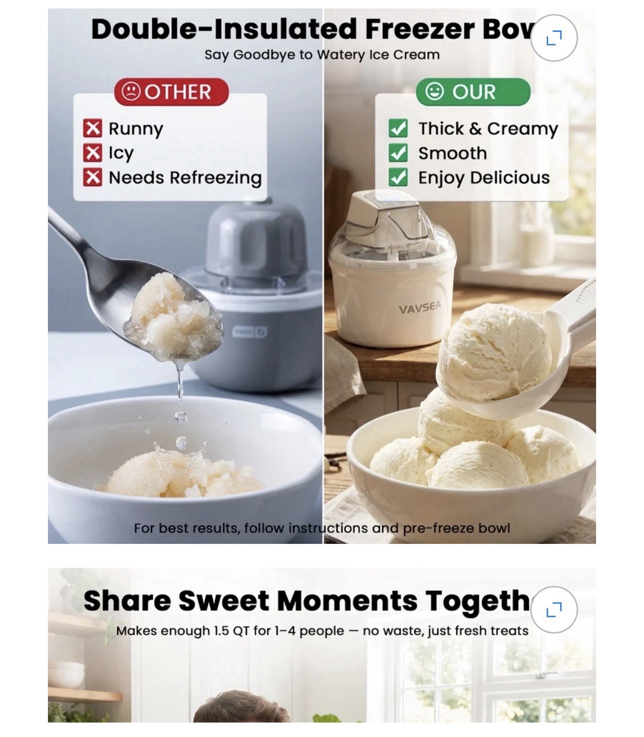 VAVSEA Electric Ice Cream Maker 1.5 Qt Freezer Bowl LCD Timer Scoop White