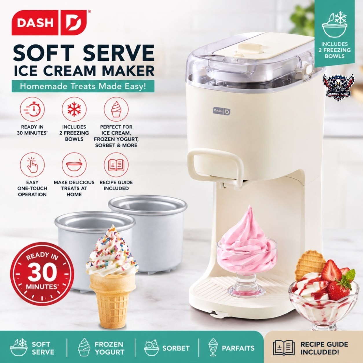 Dash Soft Serve Ice Cream Maker Frozen Yogurt Sorbet Machine w/ 2 Freezing Bowls