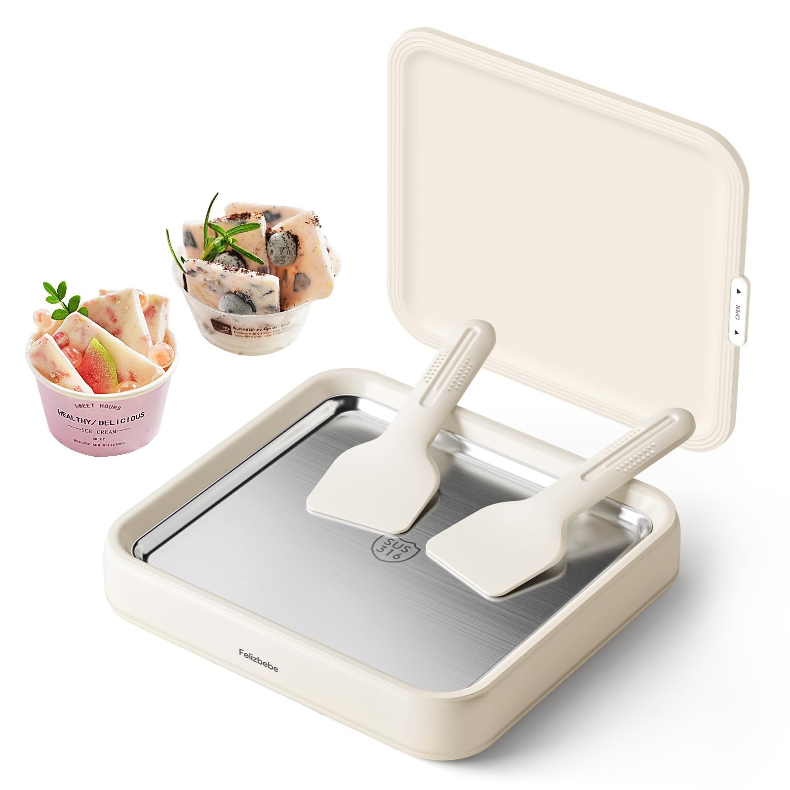 Rolled Ice Cream Maker, Instant Ice Cream Roller Maker with Lid & 2 Spatulas,…