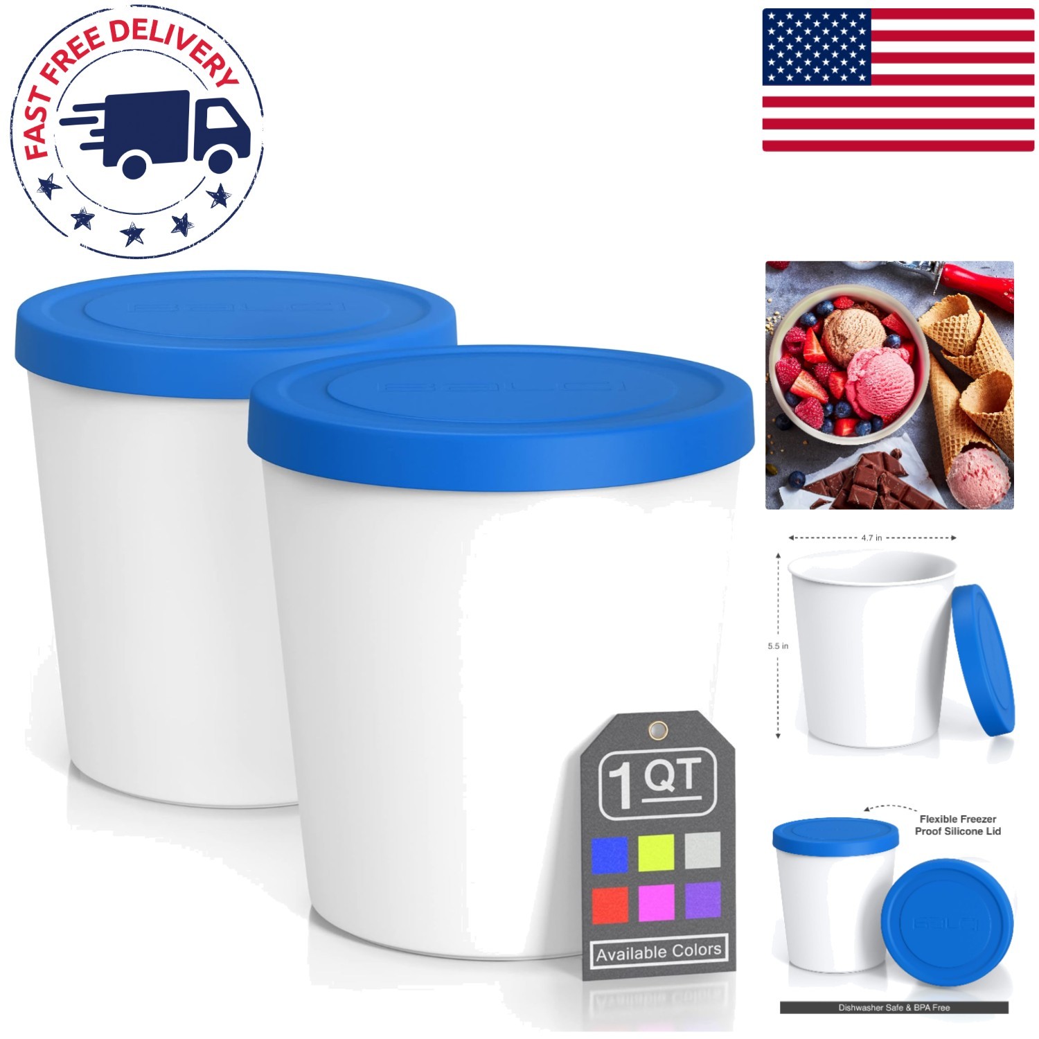 2 Pack 1 Quart Ice Cream Containers with BPA-Free Silicone Lids
