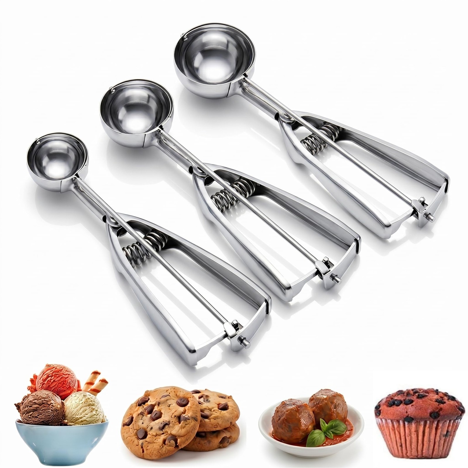 Ice Cream Scoop, 3Pcs Cookie Scoop Set, Stainless Steel 23, Silver