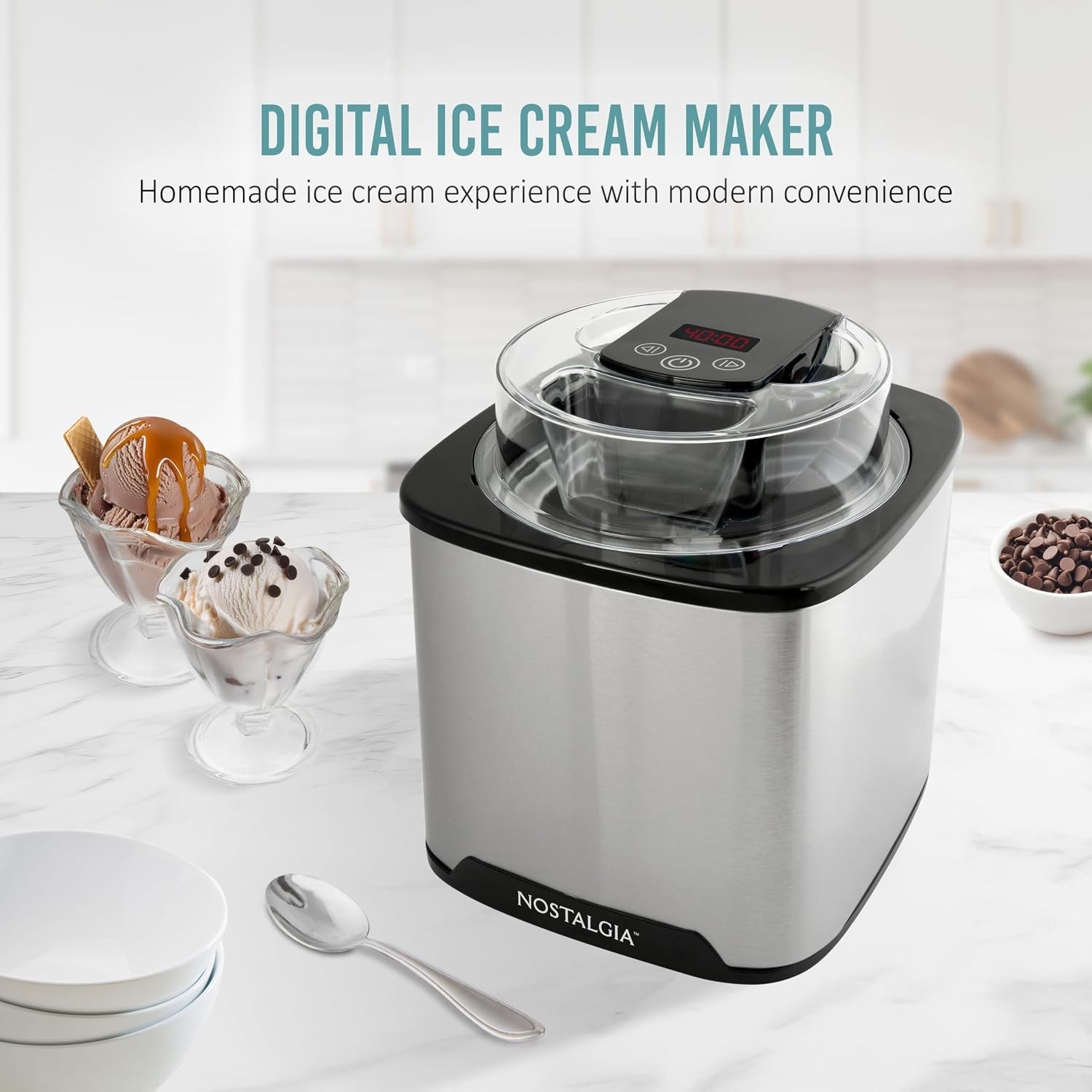 Effortless 2 QT Ice Cream Maker – No Salt/Ice Needed, Digital Controls & Mix-Ins