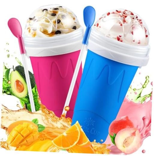 2 Pack Slushie Cup, Slushy Maker Cups, Magic Quick Frozen Squeeze Blue+Pink