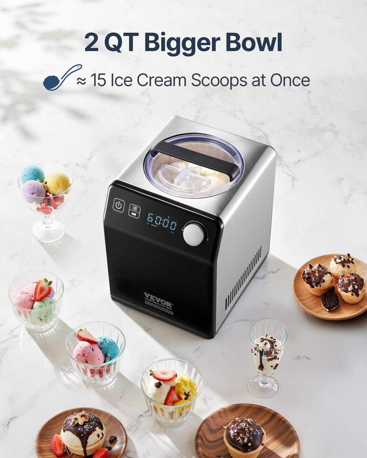 Electric Sorbet Maker 2QT, Stainless Steel, 4 Modes, Digital Timer