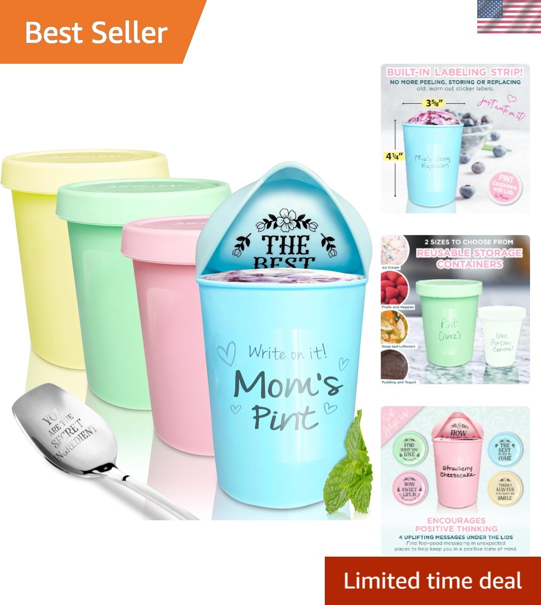 Rainbow Airtight Ice Cream Containers Set of 4 – 16oz with Built-In Labeling