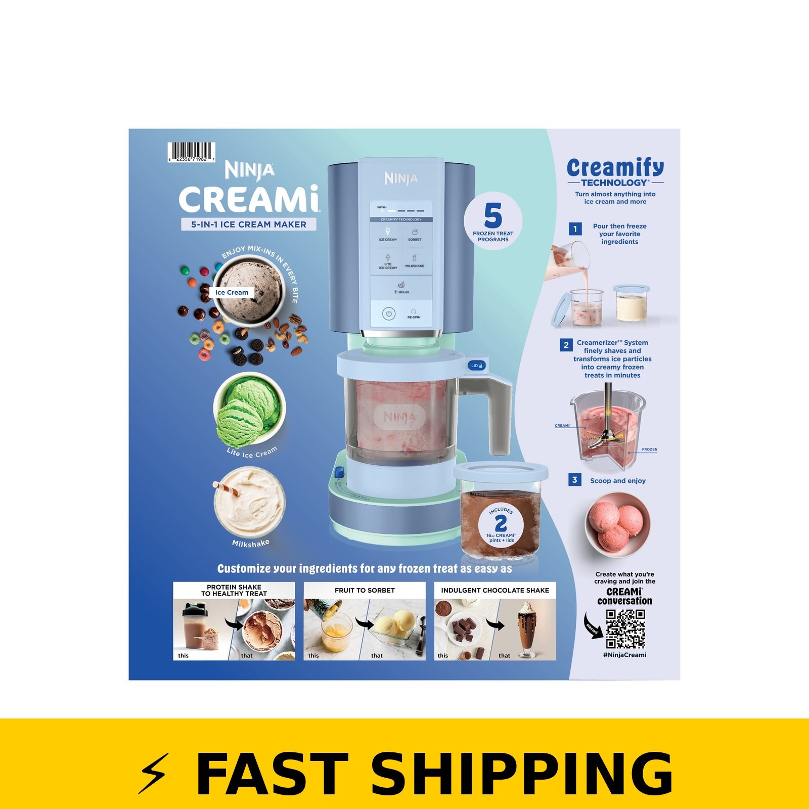 Ninja CREAMi Ice Cream Maker – Blue, 5 Programs, 2 Pints