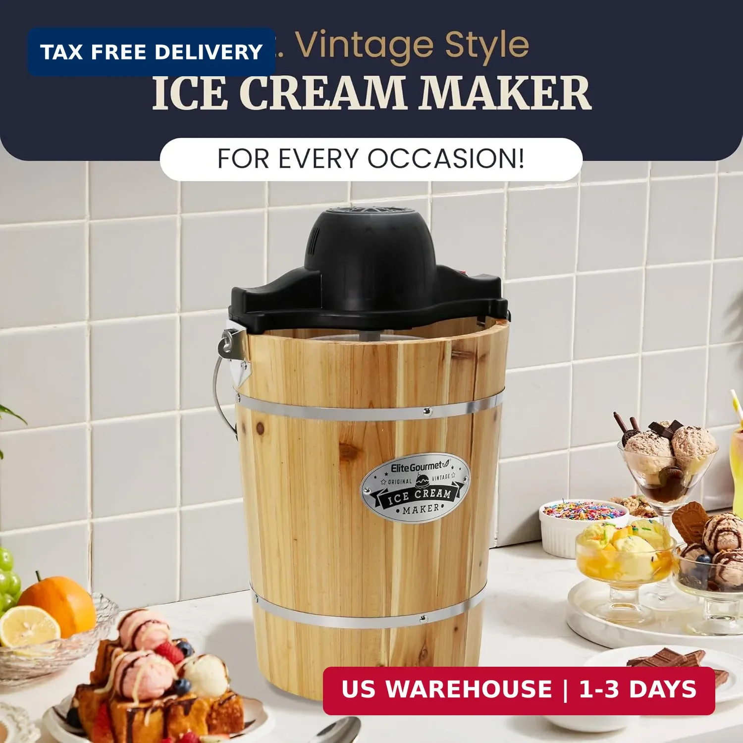 Elite Gourmet EIM916X Old Fashioned 6 Quart Vintage Wood Bucket Electric Ice Cre