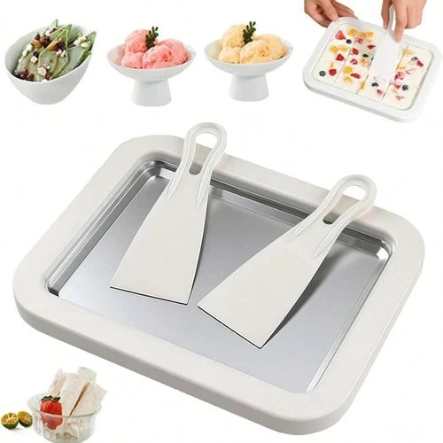 Rolled Ice Cream Maker Kit DIY Frozen Yogurt Roll Tray Pan w/ Scrapers No Electr