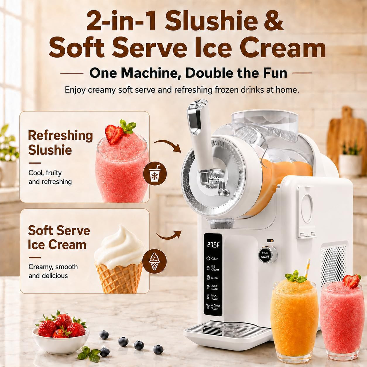 Slushie Machine for Home, No Ice Needed, Soft Serve Ice Cream Maker | LED Displa