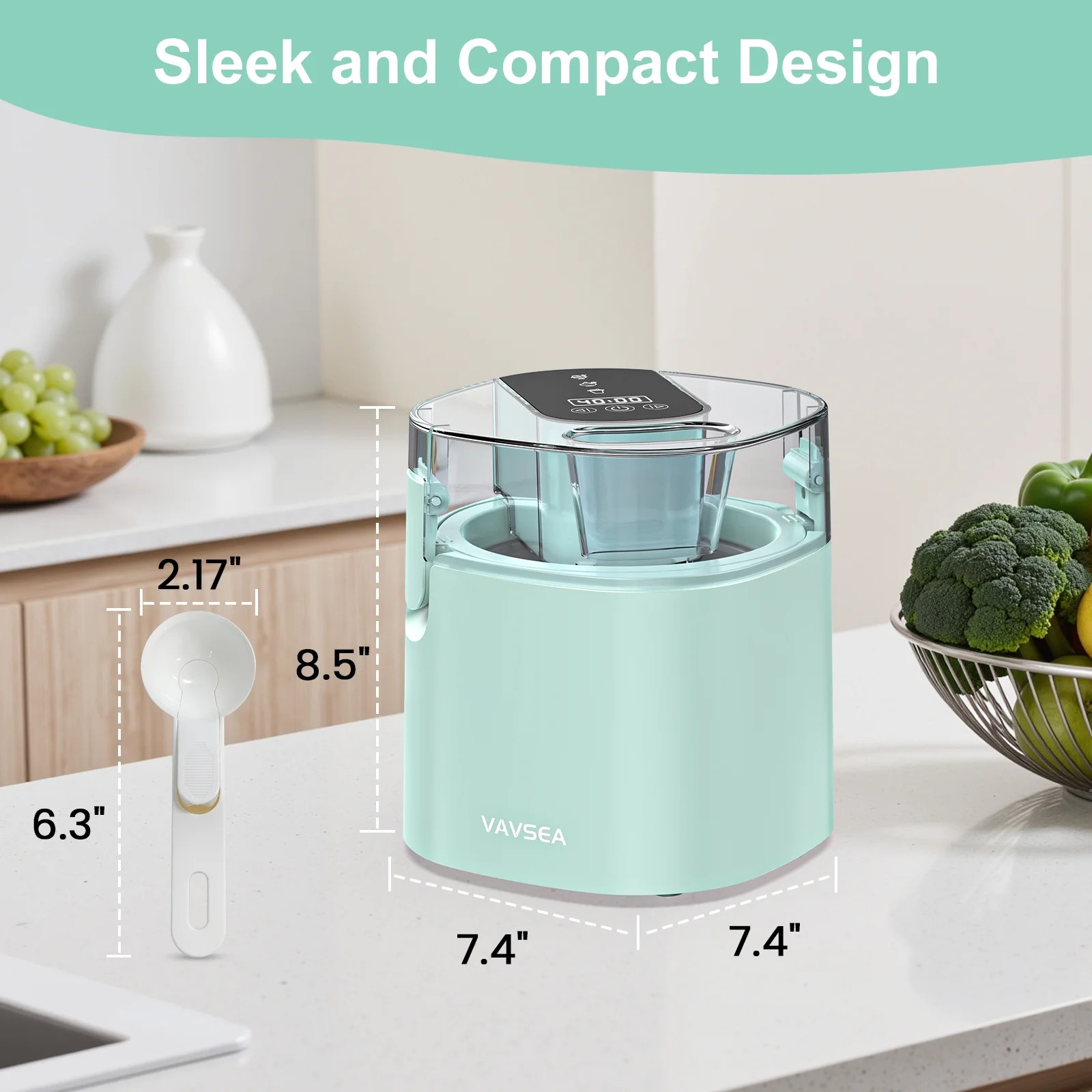 VAVSEA 1.6 Qt Ice Cream Maker Machine LED Touch Screen 3 Modes Timer Mint Green