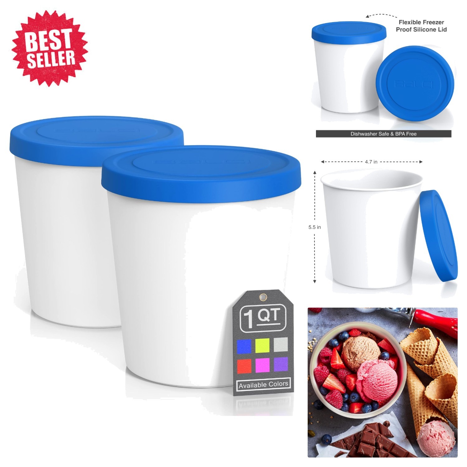 Stylish 1 Quart Blue Ice Cream Containers – 2 Pack | BPA-Free & Durable Design