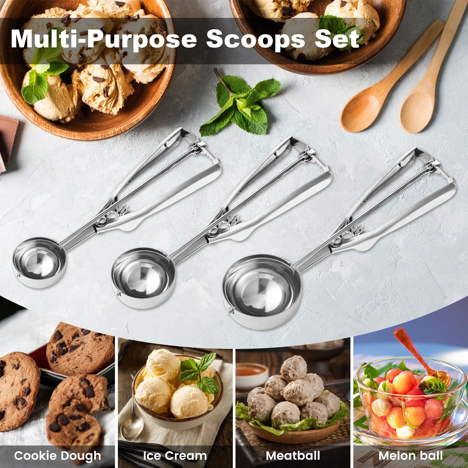 Cookie Scoop,Set of 3 Dough Scoops for Baking 1 Tbsp,2 L, Sliver