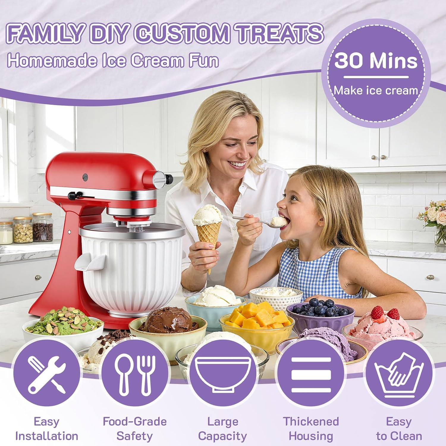 Ice Cream Maker Attachment for Kitchenaid Stand Mixer, Fits 4.5Qt and Larger Kit