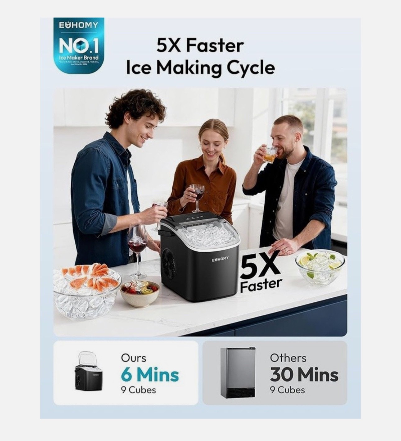 EUHOMY Countertop Ice Maker Machine, 26lbs/24Hrs, 9 Ice Cubes Ready in 6 Mins