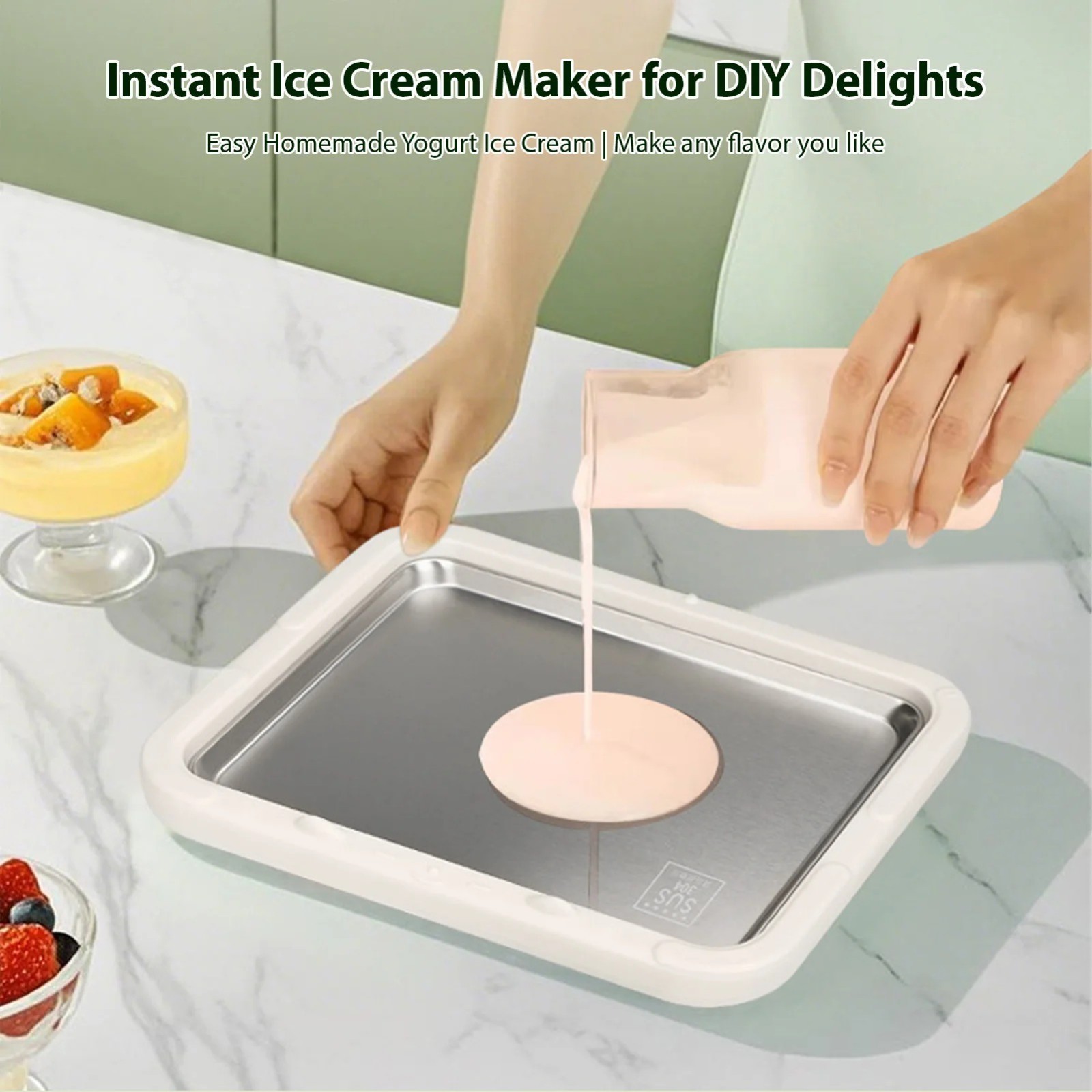 Stainless Steel Ice Cream Maker DIY Frozen Yogurt Sorbet Roll Pan With Spatulas