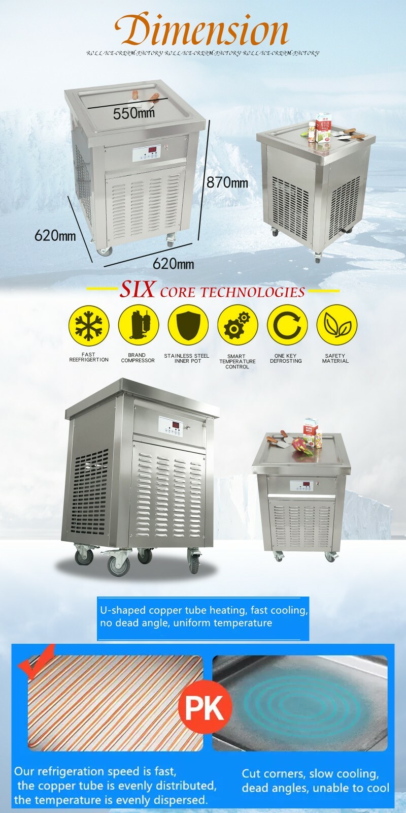 Kolice Commercial ETL 21″X21” Single Square Pan Fry ice Cream roll Machine