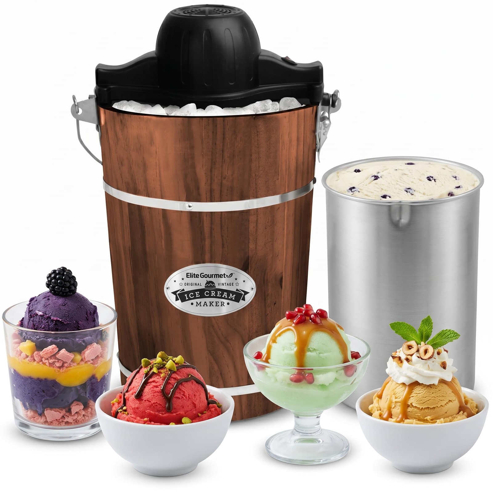 Elite Gourmet EIM949 6Qt Old Fashioned Walnut Wood Bucket Ice Cream Maker