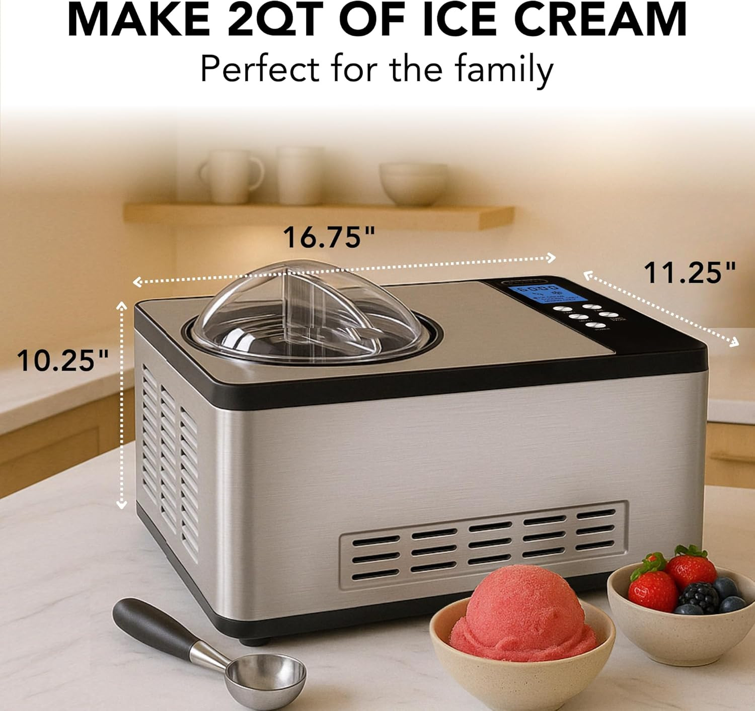 Ice Cream Maker Machine Automatic 2.1 Qt. with Built-In Compressor, LCD Digital