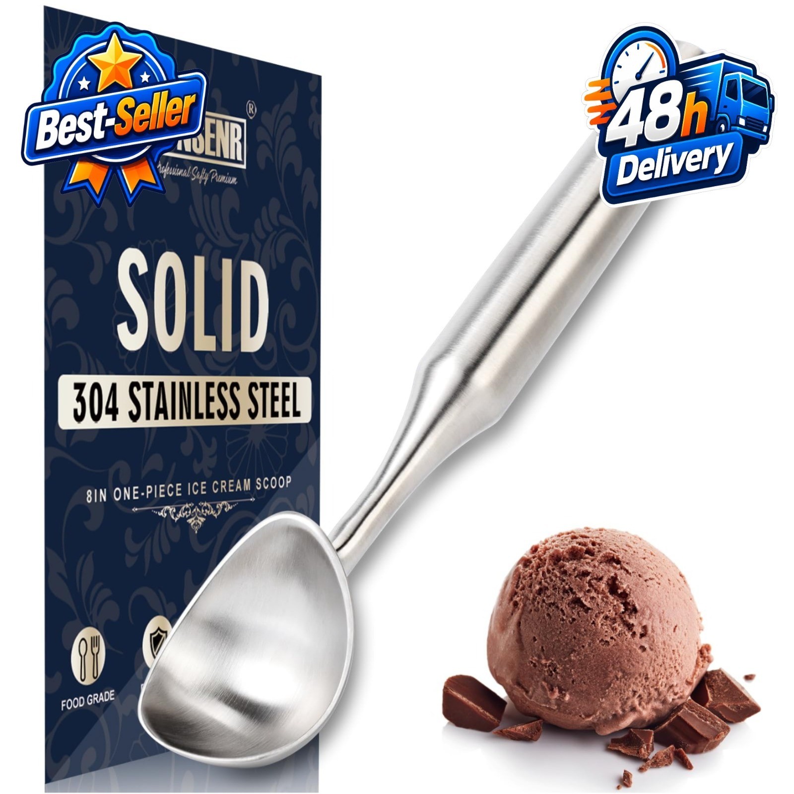 CUNSENR Stainless Steel Ice Cream Scoop – Heavy Duty Ergonomic Spoon