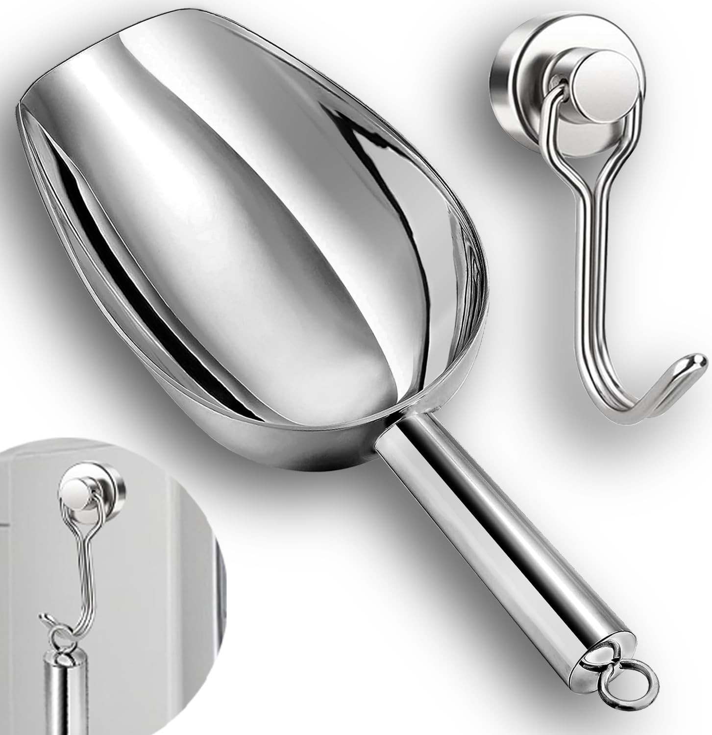6oz Stainless Steel Ice Scoop for Freezer with Magnetic Medium, 6OZ Silver