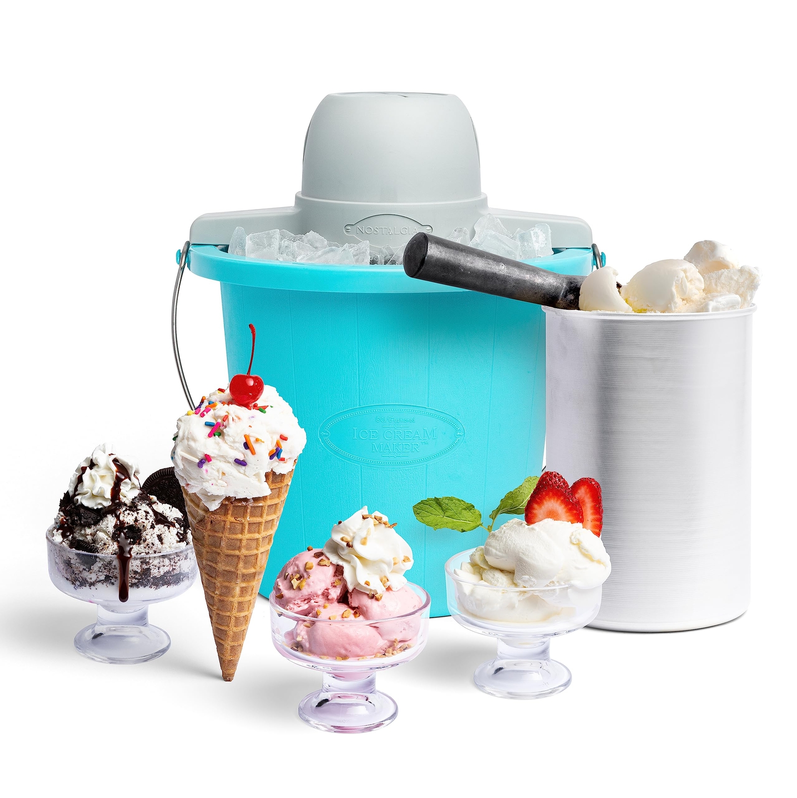 4 Qt Blue Electric Ice Cream Maker with Handle for Homemade Gelato and Sorbet