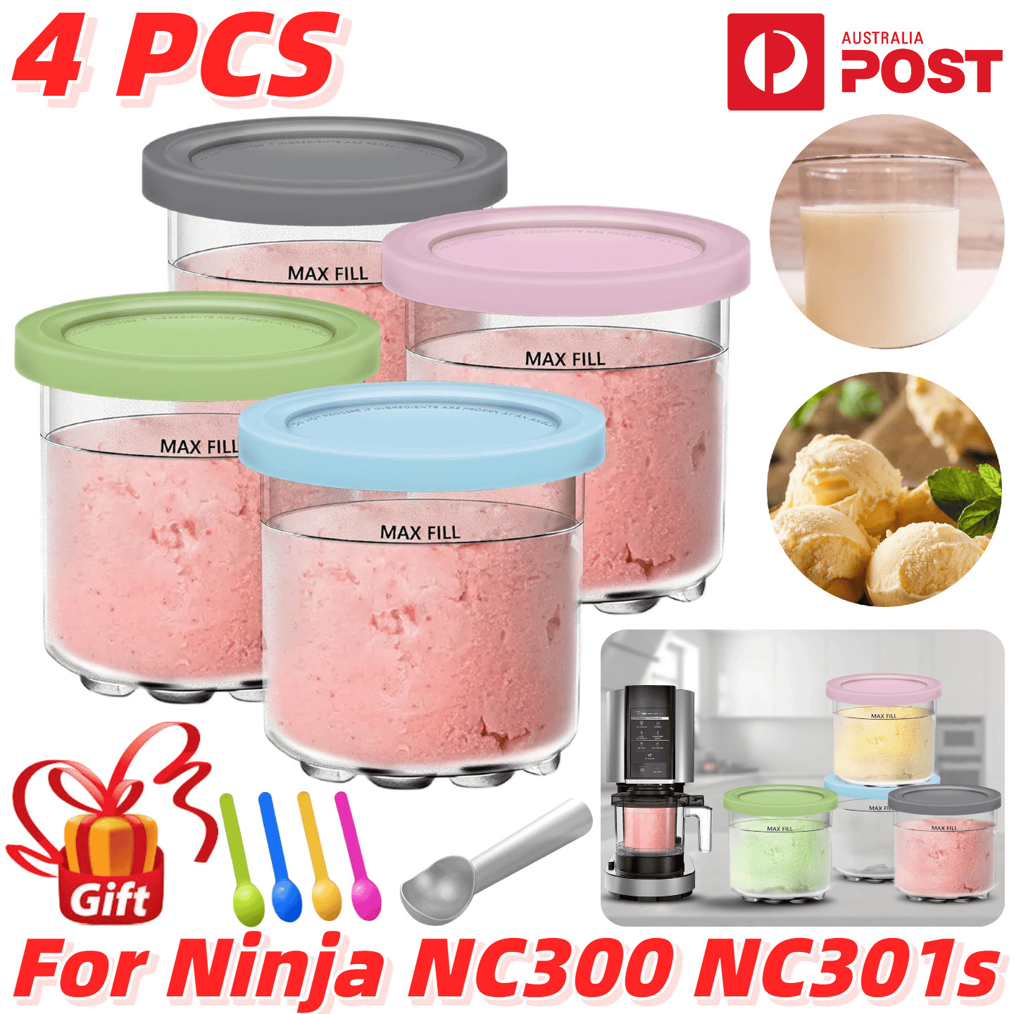 4PCS Ice Cream Container Storage Cup Jar Lids Spoon Scoop For Ninja NC300 NC301s