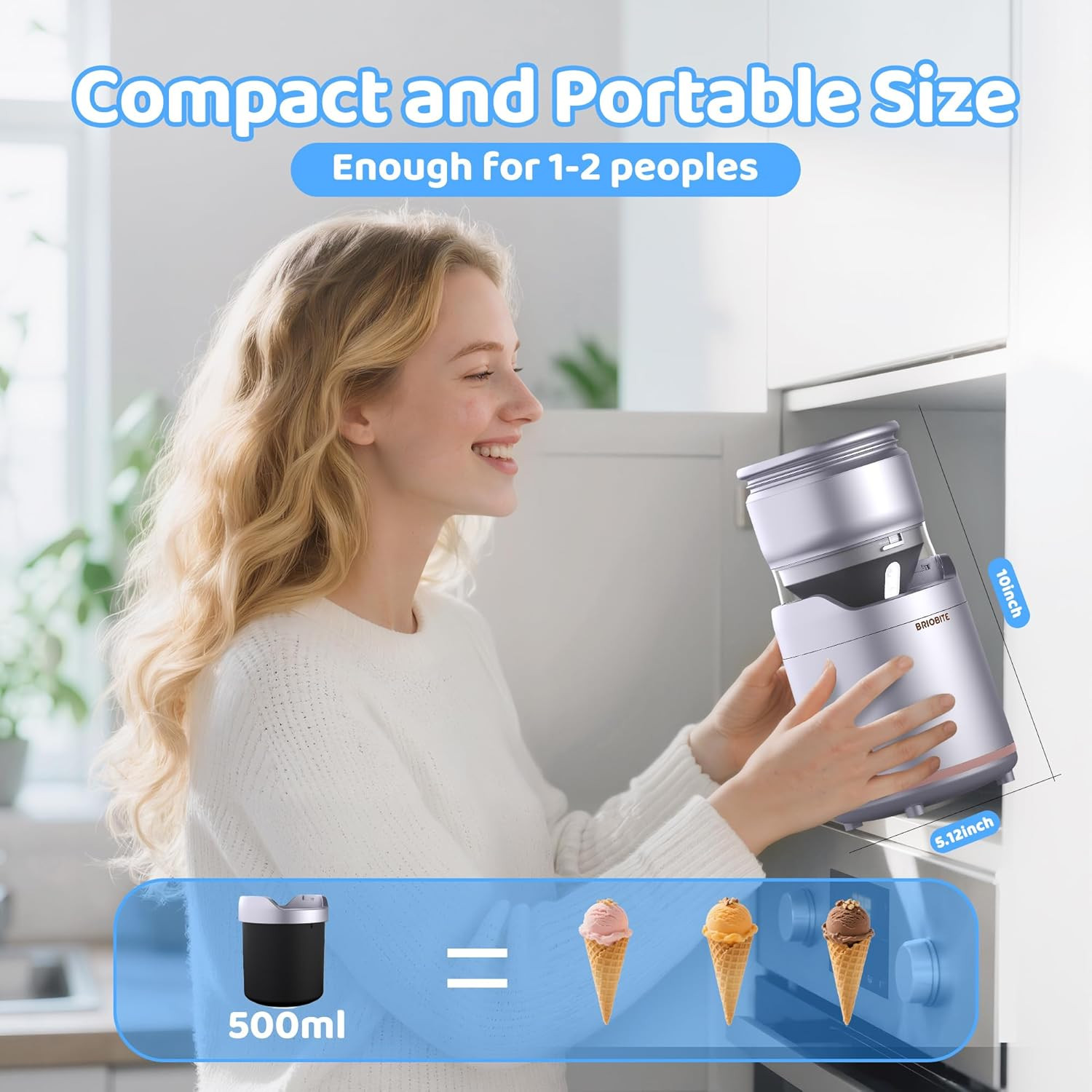 BRIOBITE Ice Cream Maker Machine,Quiet,Rechargeable,1–2 Servings,Silver | Quiet